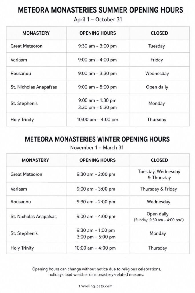 Meteora monasteries opening hours